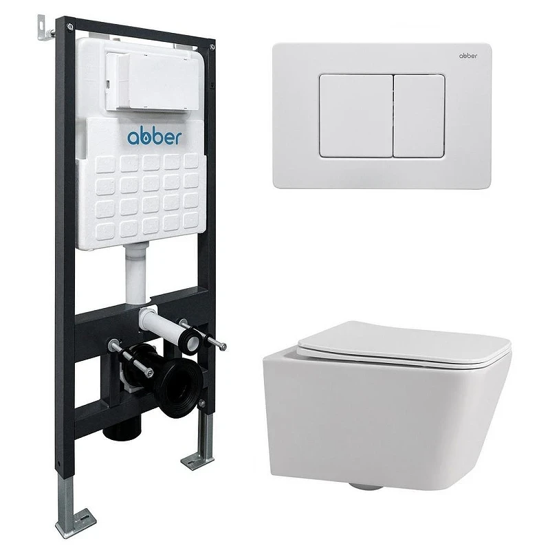 Комплект унитаза Abber Rechteck AC1201-AC0105-AC0120MW с сиденьем Микролифт и клавишей смыва цвет Белая матовая