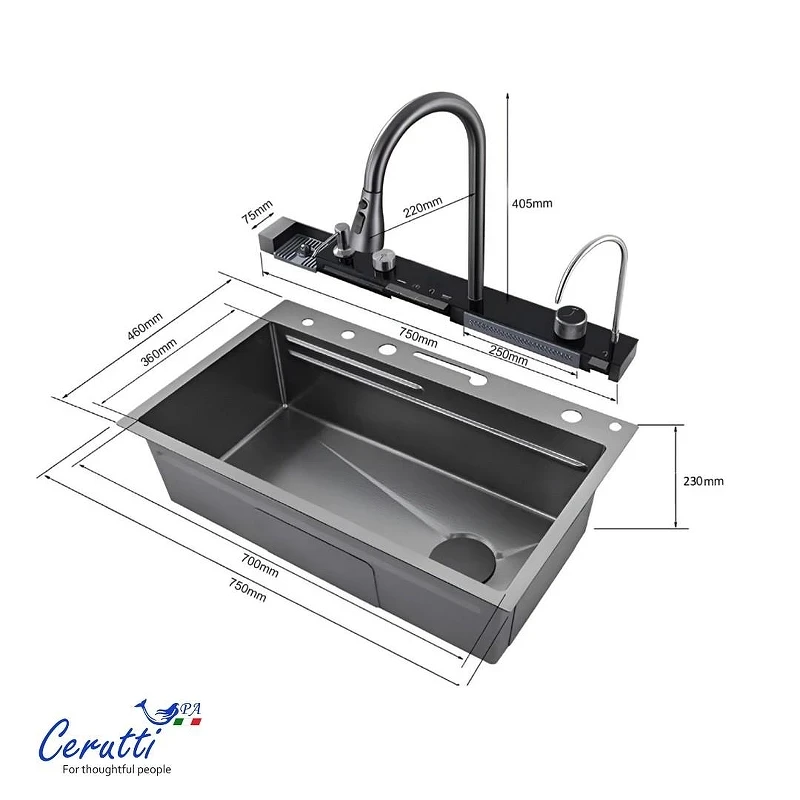 Кухонная мойка со смесителем Ceruttispa Термостат Gloria 75 CT11888 цвет Хром матовый