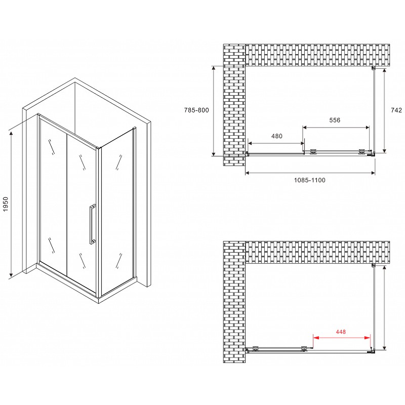 Душевой уголок Abber Schwarzer Diamant 110x80 AG30110BMH-S80BM профиль Черный стекло матовое