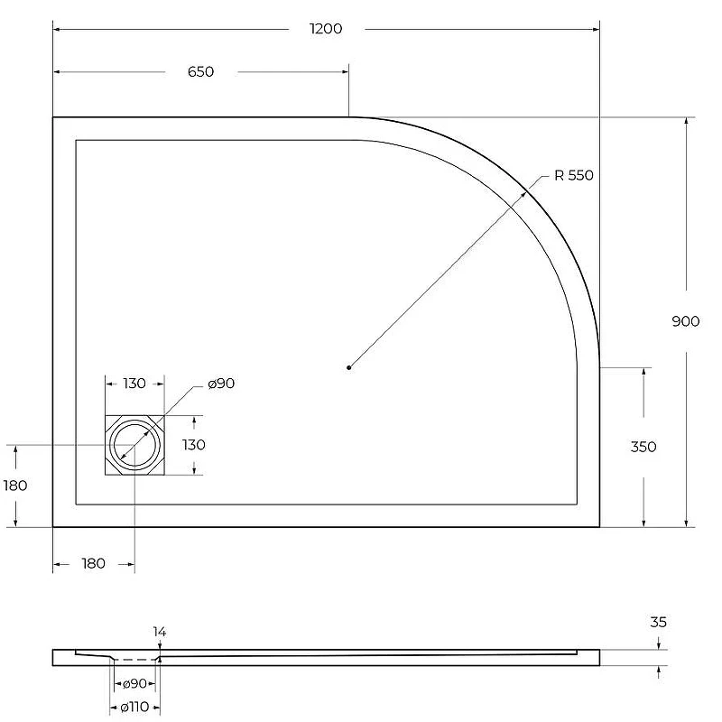 Душевой поддон из искусственного камня BelBagno Uno 120x90 R TRAY-MR-UNO-RH-120/90-550-35-W-R-NO Белый