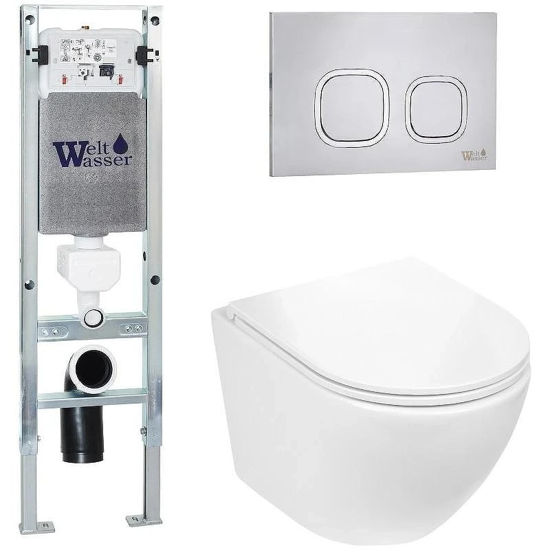 Комплект унитаза с инсталляцией WeltWasser AMBERG 350 ST + MERZBACH 043 GL-WT + AMBERG RD-MT CR 10000011284 цвет Белый глянцевый с сиденьем Микролифт и клавишей смыва цвет Хром матовый