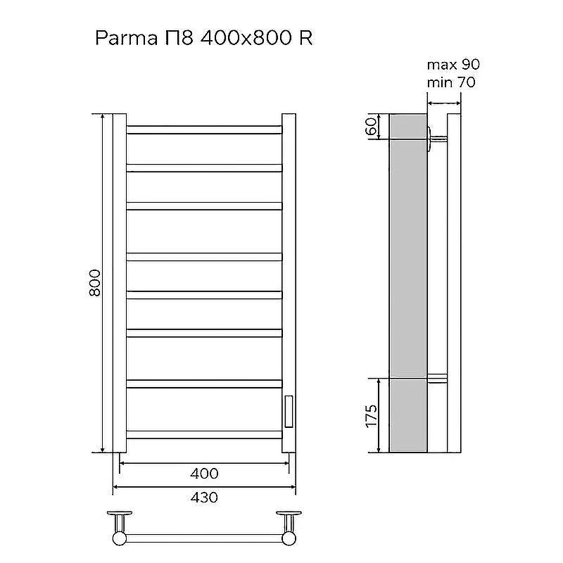 Электрический полотенцесушитель Azario Parma 400x800 П8 AZ10848B диммер справа Черный