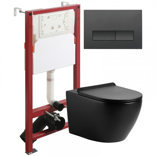 Комплект унитаза с инсталляцией Agger ATI03144+APB244 с сиденьем Микролифт и Черной матовой клавишей смыва фарфор подвесной