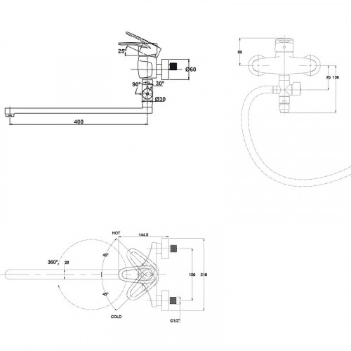 Смеситель для ванны Kaiser City 20455 универсальный Хром латунь на стену