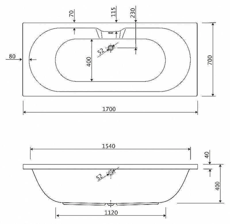 Акриловая ванна Cezares Calisto 170x70 CALISTO-170-70-45-W37 без гидромассажа, с ножками LEG-KIT-150