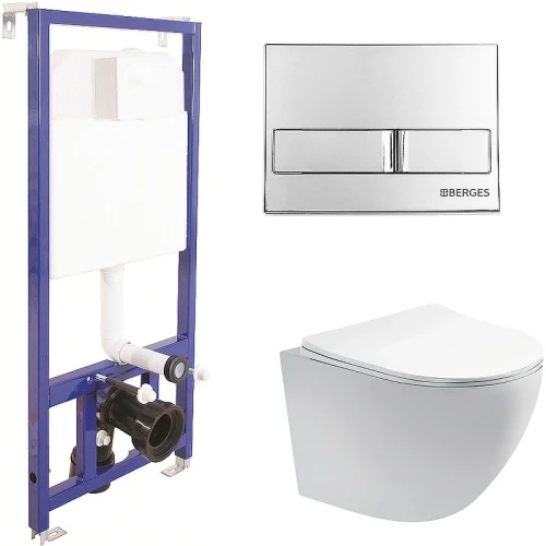 Комплект унитаза Aquatek Европа AQ1900-00 с инсталляцией Berges Novum L3 040213 с сиденьем Микролифт и клавишей смыва Хром фарфор подвесной
