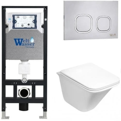Комплект унитаза с инсталляцией WeltWasser AMBERG 506 + ROTBACH 004 GL-WT + AMBERG RD-MT CR 10000006833 цвет Белый глянцевый с сиденьем Микролифт и клавишей смыва цвет Хром матовый