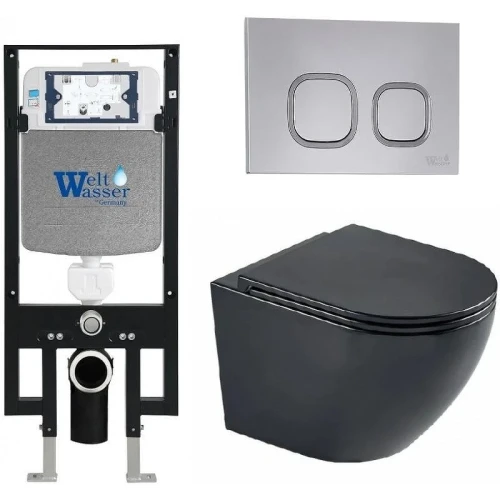 Комплект унитаза с инсталляцией WeltWasser AMBERG 497 + MERZBACH 043 MT-BL + AMBERG RD-CR 10000011331 цвет Черный матовый с сиденьем Микролифт и клавишей смыва цвет Хром