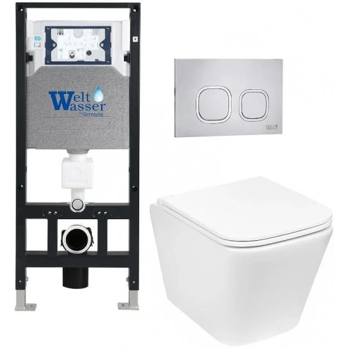 Комплект унитаза с инсталляцией WeltWasser AMBERG 506 + GELBACH 043 GL-WT + AMBERG RD-MT CR 10000011863 цвет Белый глянцевый с сиденьем Микролифт и клавишей смыва цвет Хром матовый