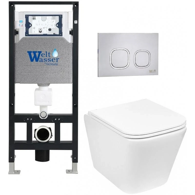 Комплект унитаза с инсталляцией WeltWasser AMBERG 506 + GELBACH 043 GL-WT + AMBERG RD-MT CR 10000011863 цвет Белый глянцевый с сиденьем Микролифт и клавишей смыва цвет Хром матовый