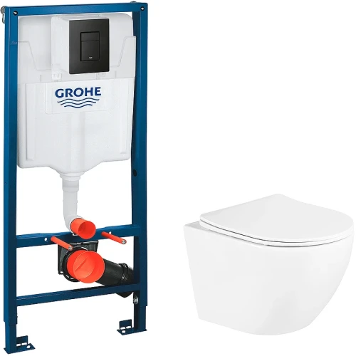 Комплект унитаза BelBagno Uno BB3105CHR/SC с инсталляцией Grohe Rapid SL 38811KF0 с сиденьем Микролифт и Черной матовой клавишей смыва фаянс подвесной