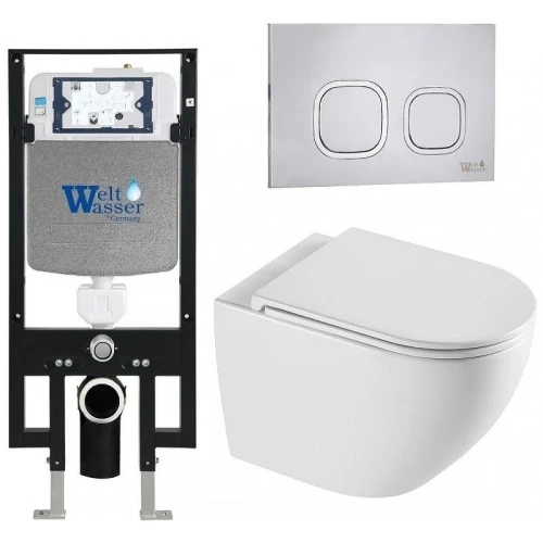 Комплект унитаза с инсталляцией WeltWasser AMBERG 497 + MERZBACH 043 XL GL-WT + AMBERG RD-MT CR 10000013768 цвет Белый глянцевый с сиденьем Микролифт и клавишей смыва цвет Хром матовый