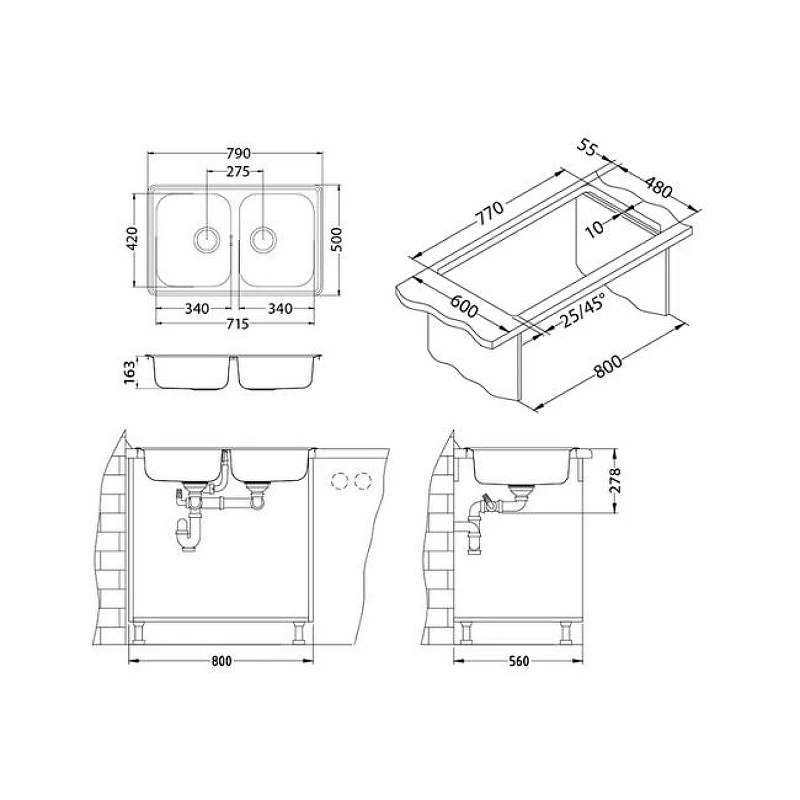 Кухонная мойка Alveus Line 90 NAT-90 790x500 1066751 Натуральная сталь нержавеющая сталь встраиваемый