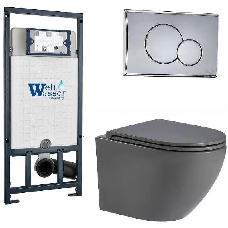 Комплект унитаза с инсталляцией WeltWasser MARBERG 507 + MERZBACH 043 MT-GR + MAR 507 RD-CR 10000011397 цвет Серый матовый с сиденьем Микролифт и клавишей смыва цвет Хром