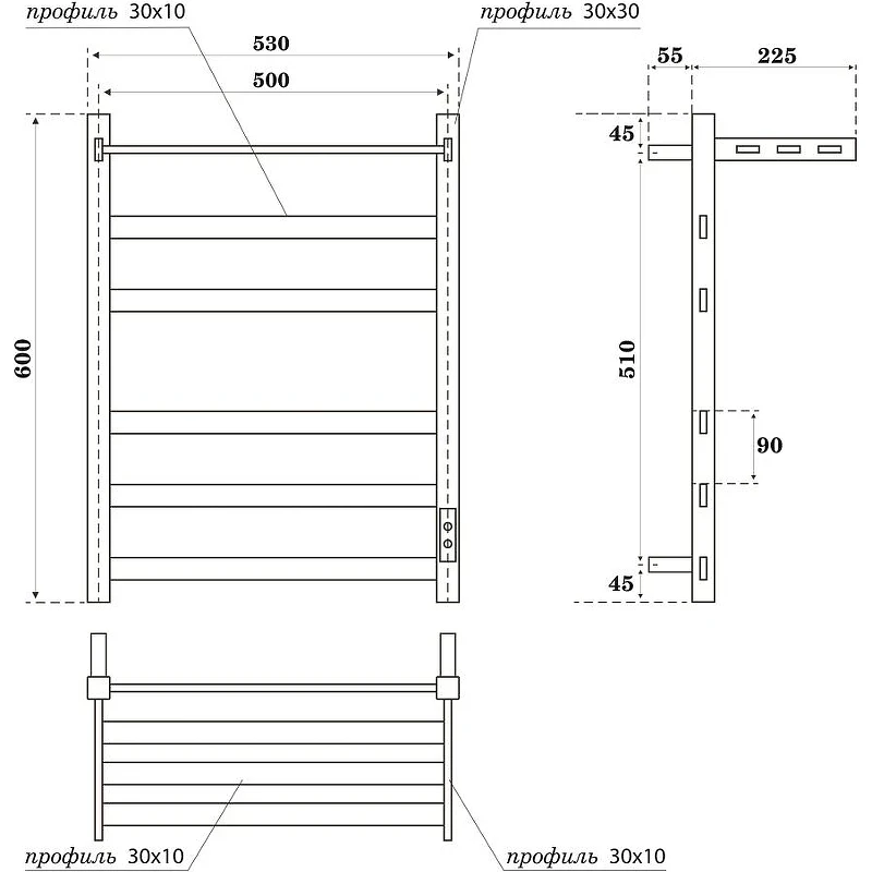 Электрический полотенцесушитель Point Меркурий PN83856PGR П5 500x600 с полкой, диммер справа Графит премиум