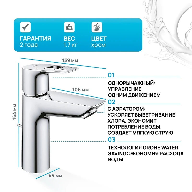 Смеситель для раковины Grohe BauLoop 23762001 Хром латунь