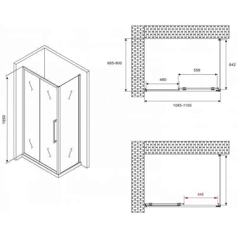 Душевой уголок Abber Schwarzer Diamant 110x90 AG30110BMH-S90BM профиль Черный стекло матовое