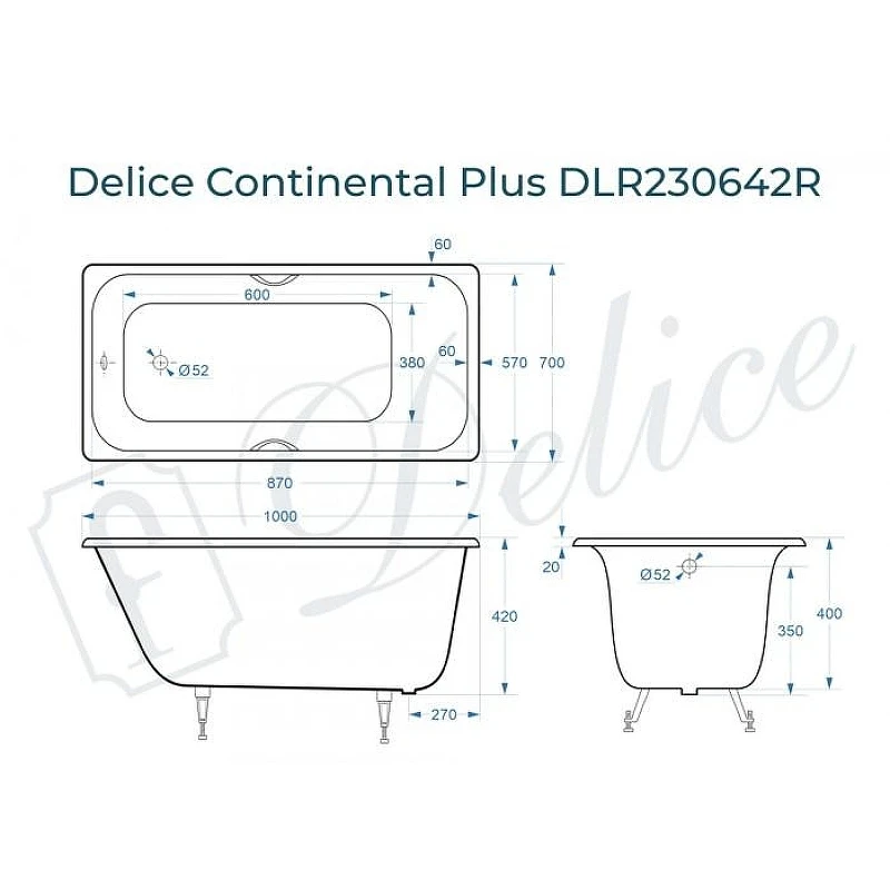 Чугунная ванна Delice Continental Plus 100х70 DLR230642R цвет Белый с отверстиями под ручки без антискользящего покрытия