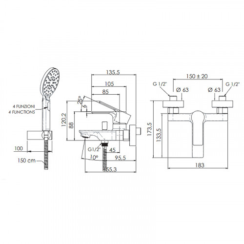 Смеситель для ванны Remer Energy EY02 Хром латунь на стену