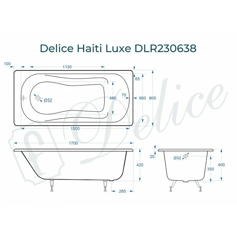Чугунная ванна Delice Haiti Luxe 170x80 DLR230638 без отверстий под ручки и антискользящего покрытия