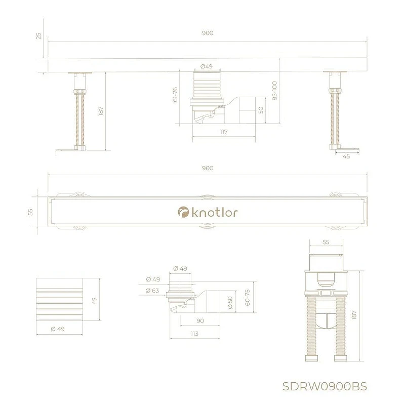 Душевой лоток Knotlor Земля 90 SDRW0900BS с решеткой цвет Матовая сталь
