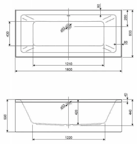 Акриловая ванна Cezares Plane Mini 180x80 PLANE MINI-180-80-42-W37 без гидромассажа, с ножками LEG-KIT-150
