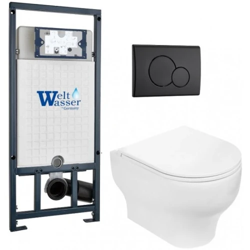 Комплект унитаза с инсталляцией WeltWasser MARBERG 507 + ERLENBACH 004 GL-WT + MAR 507 RD MT-BL 10000010379 цвет Белый глянцевый с сиденьем Микролифт и клавишей смыва цвет Черный матовый