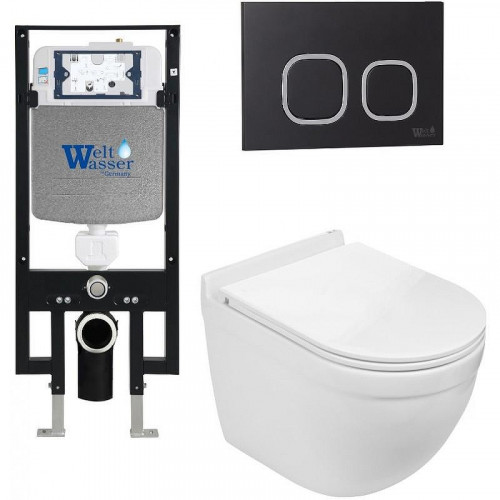 Комплект унитаза с инсталляцией WeltWasser AMBERG 497 + HEIMBACH 043 GL-WT + AMBERG RD-BL 10000012136 цвет Белый глянцевый с сиденьем Микролифт и клавишей смыва цвет Черный