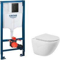 Комплект унитаза BelBagno Amanda BB051CHR+BB051SC с инсталляцией Grohe Rapid SL 38811KF0 с сиденьем Микролифт и Черной матовой клавишей смыва фаянс подвесной