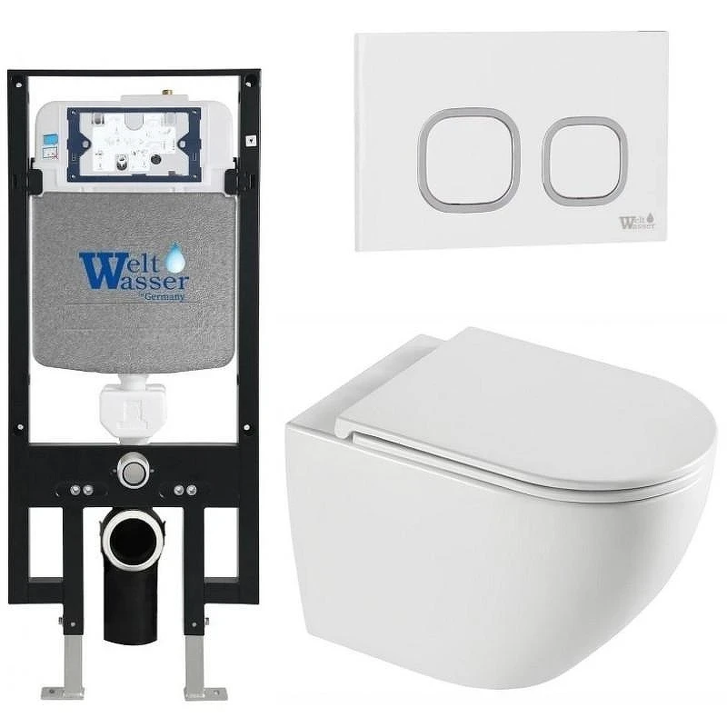 Комплект унитаза с инсталляцией WeltWasser AMBERG 497 + MERZBACH 043 XL GL-WT + AMBERG RD-WT 10000013769 цвет Белый глянцевый с сиденьем Микролифт и клавишей смыва цвет Белый