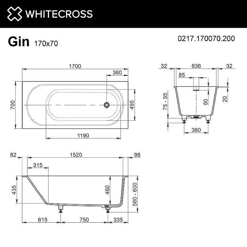 Ванна из искусственного камня Whitecross Gin 170x70 0217.170070.200 Белая матовая без гидромассажа
