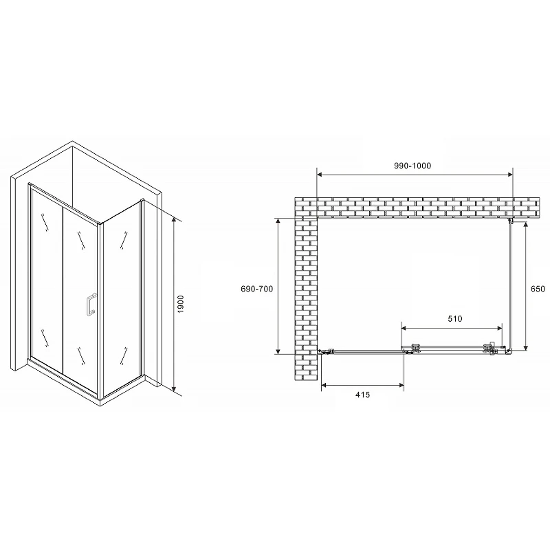 Душевой уголок Abber Schwarzer Diamant 100x70 AG301005-S705 профиль Хром стекло прозрачное