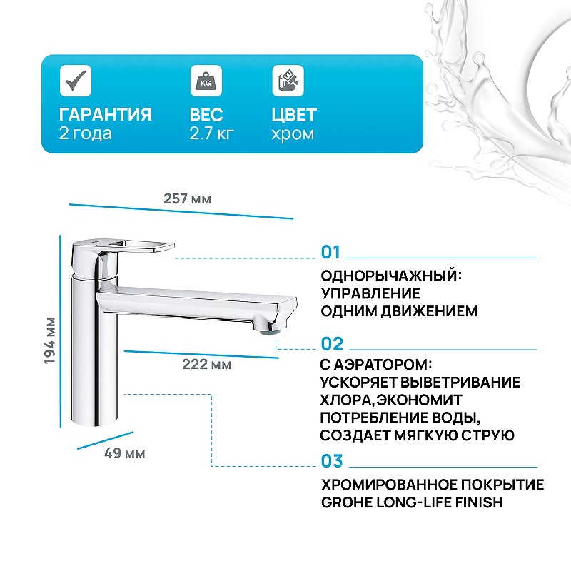 Смеситель для кухни Grohe BauLoop 31706000 Хром латунь
