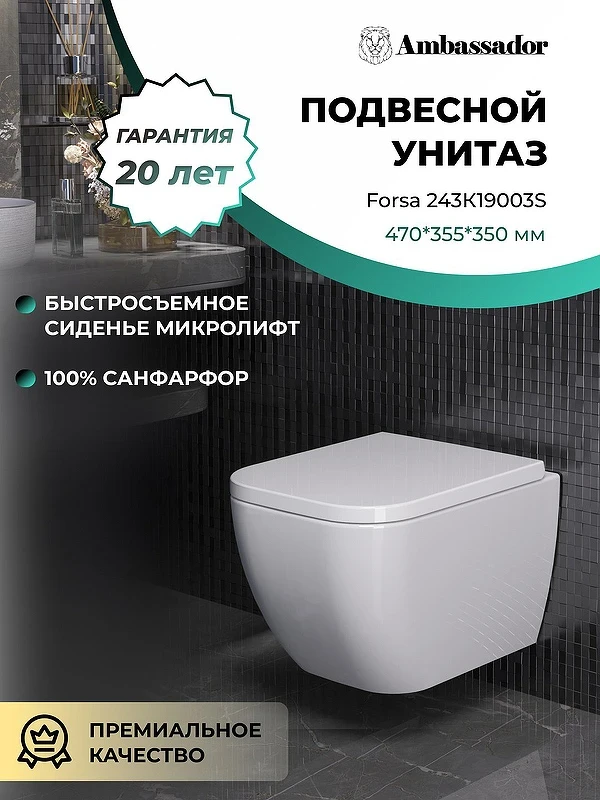 Унитаз Ambassador Forsa 243K19003S подвесной с сиденьем Микролифт фарфор подвесной
