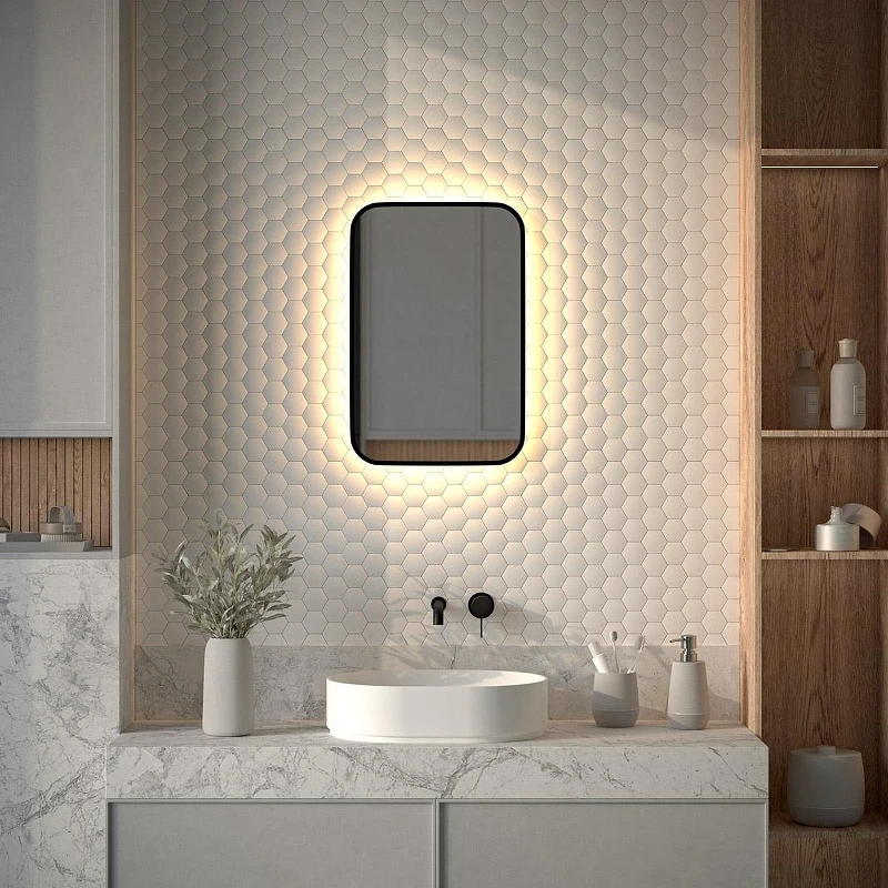 Зеркало Defesto Aura 40х60 DF 2972 с подсветкой 17W-3000K/Без выключателя/Теплый белый свет/Черная рама