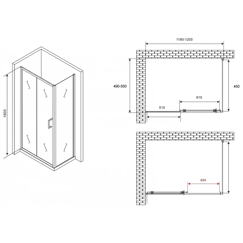 Душевой уголок Abber Schwarzer Diamant 120x50 AG301205-S505 профиль Хром стекло прозрачное