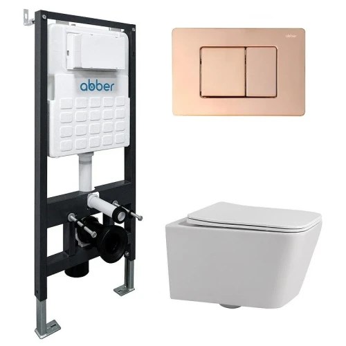 Комплект унитаза Abber Rechteck AC1201-AC0105-AC0120RG с сиденьем Микролифт и клавишей смыва цвет Золото розовое