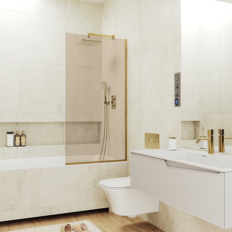 Шторка на ванну Maybah Glass MGV-70-3у 800x1400 в узком профиле Золото стекло бронзовое