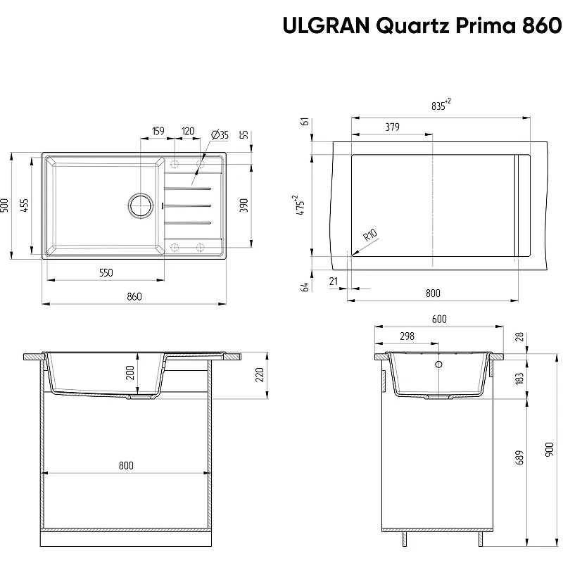 Кухонная мойка Ulgran Quartz Prima 860-01 Жасмин искусственный камень (литьевой мрамор) встраиваемый