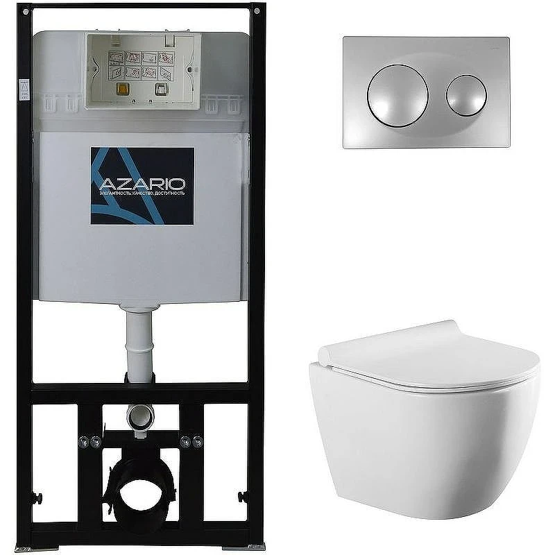 Комплект унитаза с инсталляцией Azario Geno AZ-8010-1000+AZ-8200-0011+AZ-2196D с сиденьем Микролифт и клавишей смыва Хром глянцевый