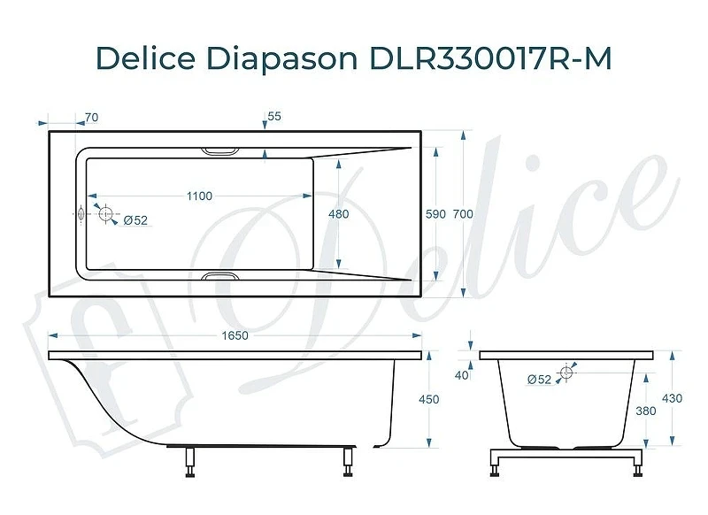 Ванна из искусственного камня Delice Diapason 165х70 DLR330017R-M цвет Белый матовый с ручками Хром