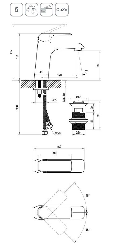 Смеситель для раковины Ravak Flat FL 013.20 X070172 Черный матовый латунь