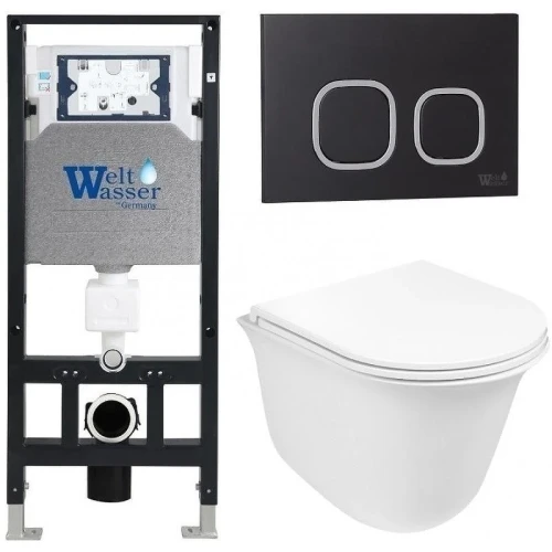 Комплект унитаза с инсталляцией WeltWasser AMBERG 506 + TELBACH 004 GL-WT + AMBERG RD-BL 10000006851 цвет Белый глянцевый с сиденьем Микролифт и клавишей смыва цвет Черный
