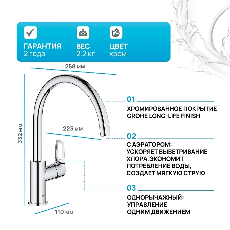 Смеситель для кухни Grohe Bauloop 31368001 Хром латунь