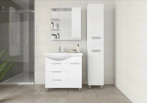 Тумба под раковину Style Line Жасмин 82 R ЛС-00000527 с бельевой корзиной Белая МДФ / ЛДСП