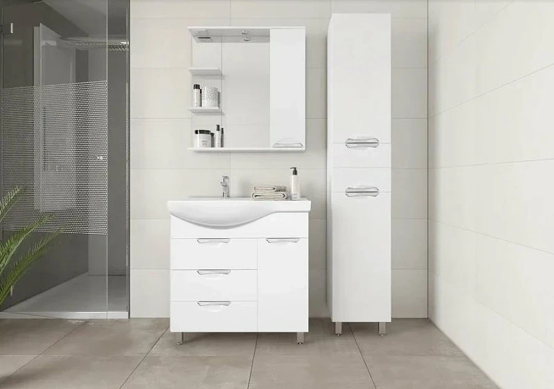 Тумба под раковину Style Line Жасмин 82 R ЛС-00000527 с бельевой корзиной Белая МДФ / ЛДСП