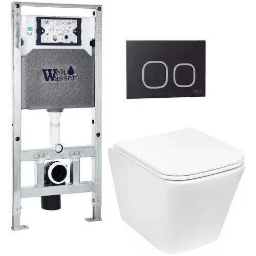 Комплект унитаза с инсталляцией WeltWasser AMBERG 506 ST + GELBACH 043 GL-WT + AMBERG RD-BL 10000011866 цвет Белый глянцевый с сиденьем Микролифт и клавишей смыва цвет Черный