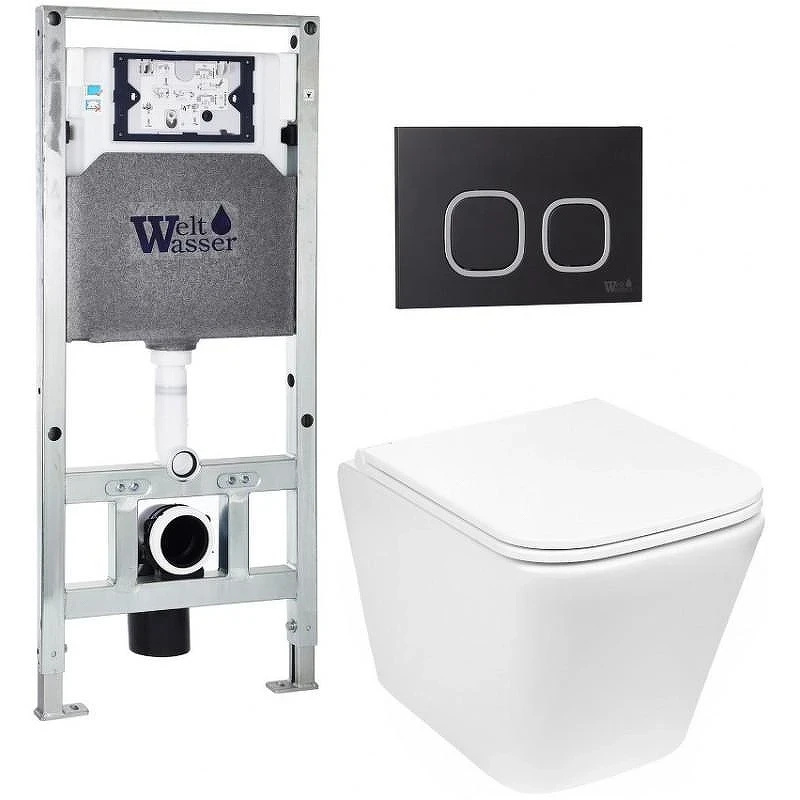 Комплект унитаза с инсталляцией WeltWasser AMBERG 506 ST + GELBACH 043 GL-WT + AMBERG RD-BL 10000011866 цвет Белый глянцевый с сиденьем Микролифт и клавишей смыва цвет Черный