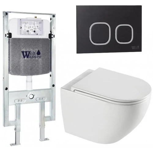 Комплект унитаза с инсталляцией WeltWasser AMBERG 497 ST + MERZBACH 043 XL GL-WT + AMBERG RD-BL 10000013771 цвет Белый глянцевый с сиденьем Микролифт и клавишей смыва цвет Черный