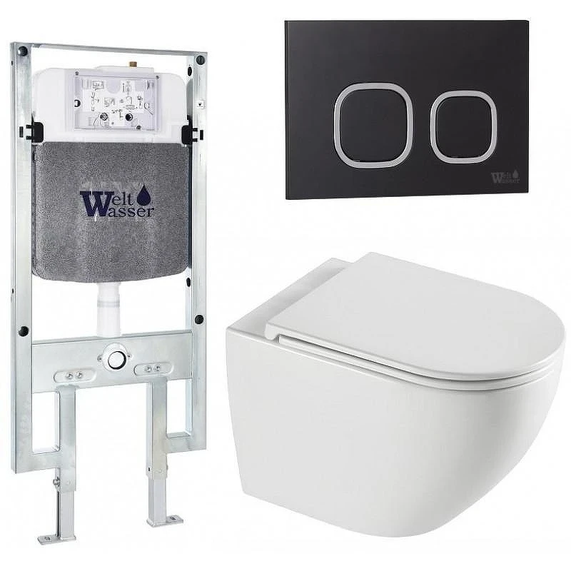 Комплект унитаза с инсталляцией WeltWasser AMBERG 497 ST + MERZBACH 043 XL GL-WT + AMBERG RD-BL 10000013771 цвет Белый глянцевый с сиденьем Микролифт и клавишей смыва цвет Черный